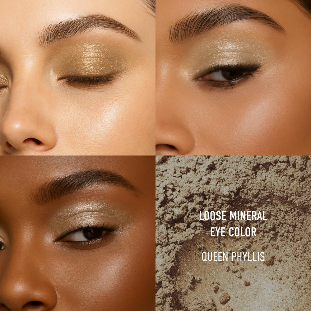 bareMinerals loose eyeshadow Queen Phyllis swatches on skin for rich color payoff.