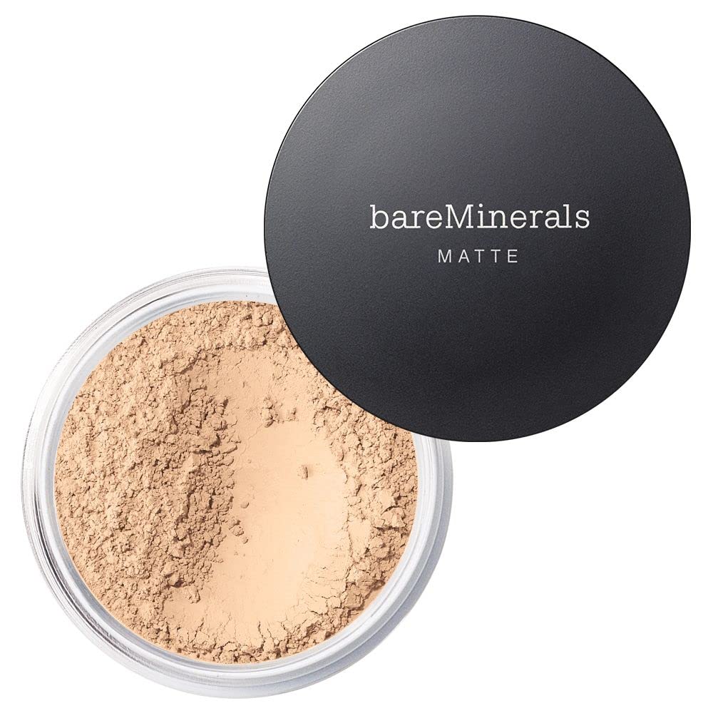 bareMinerals Original Matte Foundation cap swirl demonstrates buildable, sheer-to-full coverage for oil control