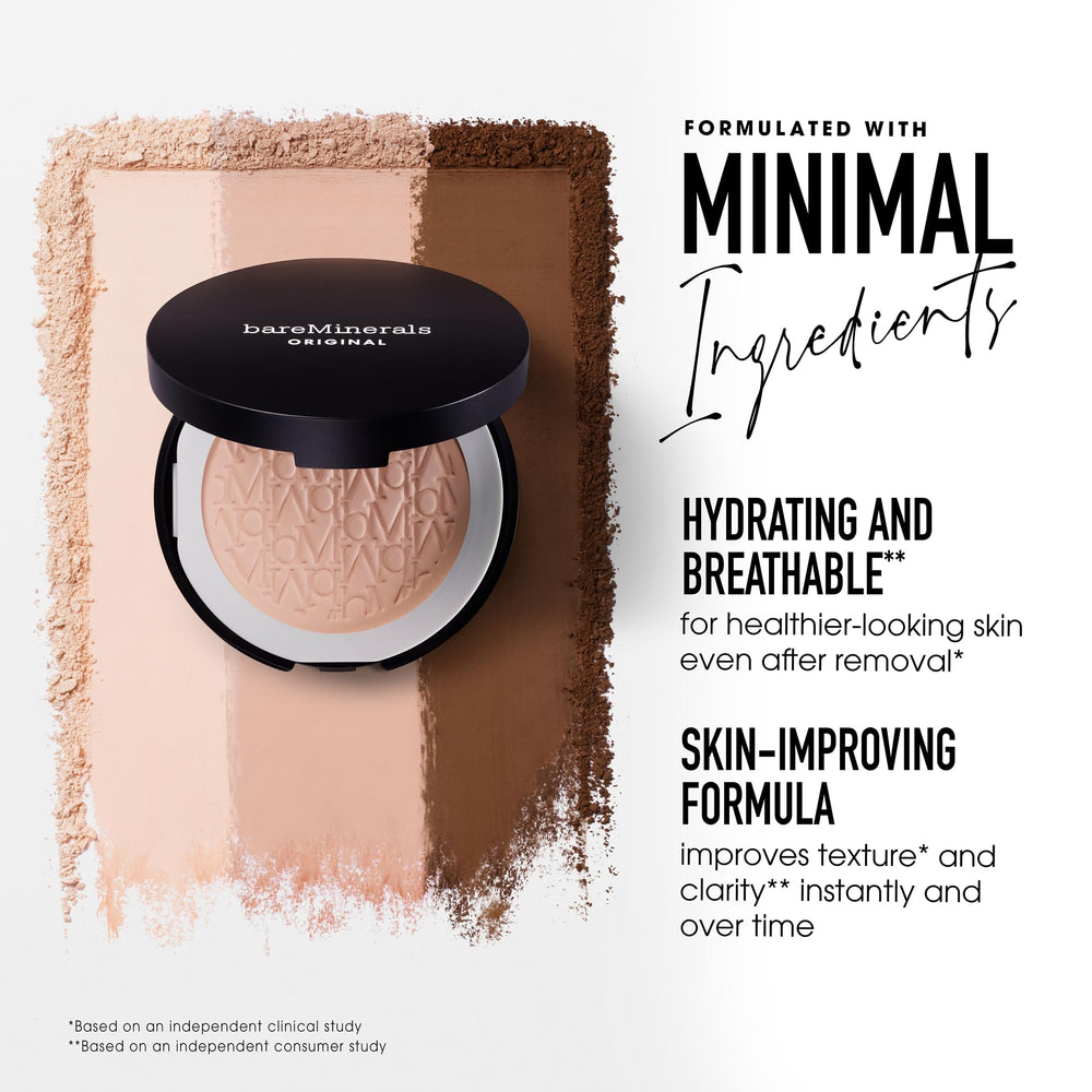 bareMinerals Original pressed powder foundation SPF 15 daylight wear demonstrates long-lasting coverage