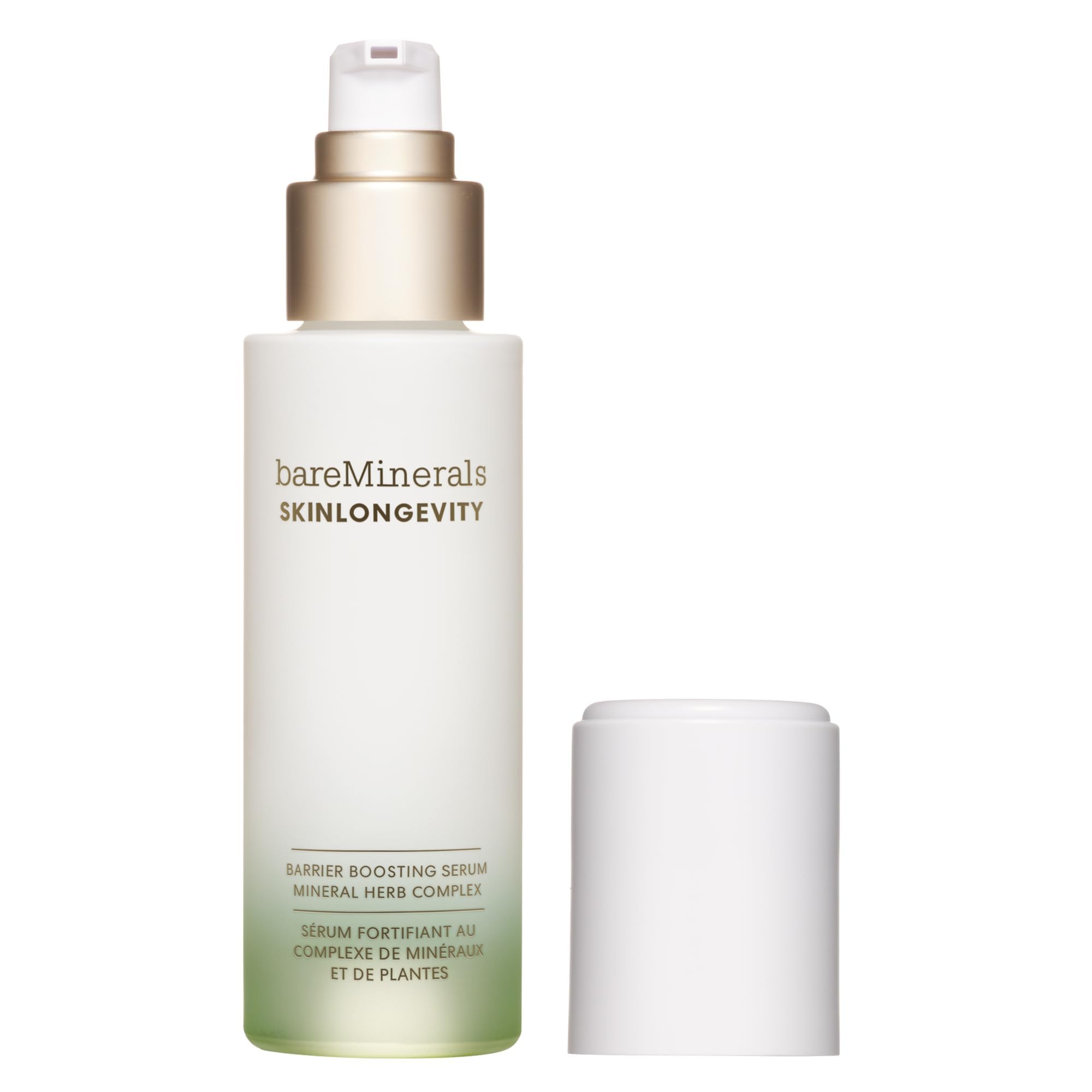 bareMinerals Skinlongevity Serum bottle close-up highlighting barrier-supporting hydration for daily skincare