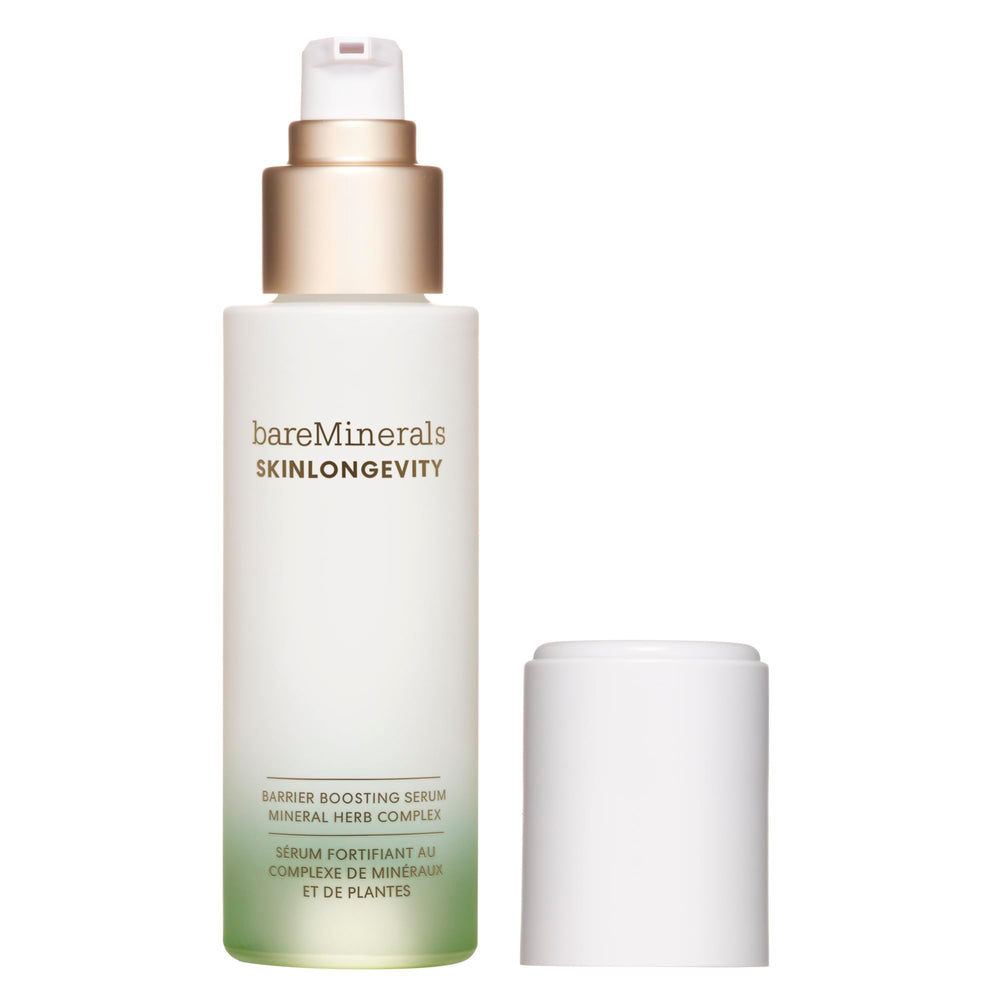 bareMinerals Skinlongevity Serum bottle close-up highlighting barrier-supporting hydration for daily skincare