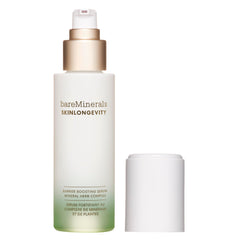 bareMinerals Skinlongevity Serum bottle close-up highlighting barrier-supporting hydration for daily skincare