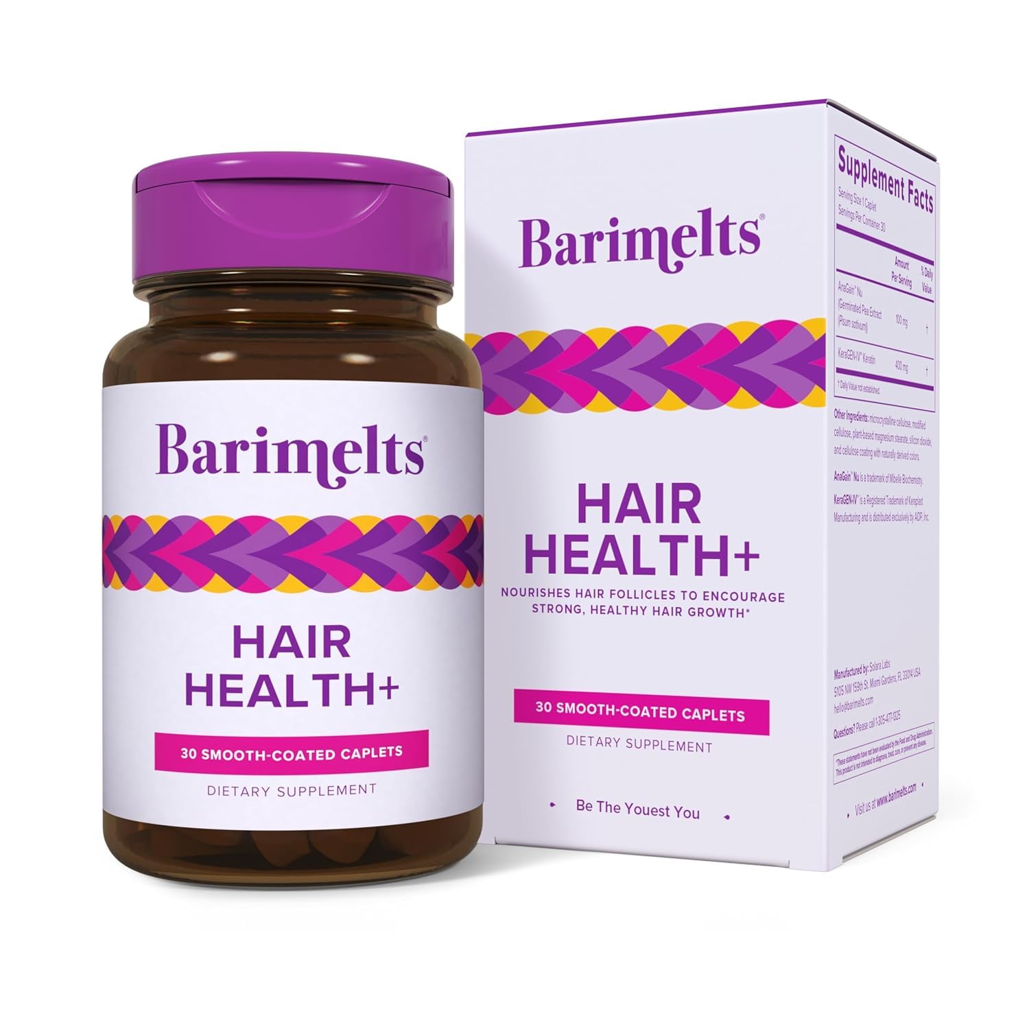 Barimelts Hair Health+ bottle shows a convenient weekly supply for daily nourishment.