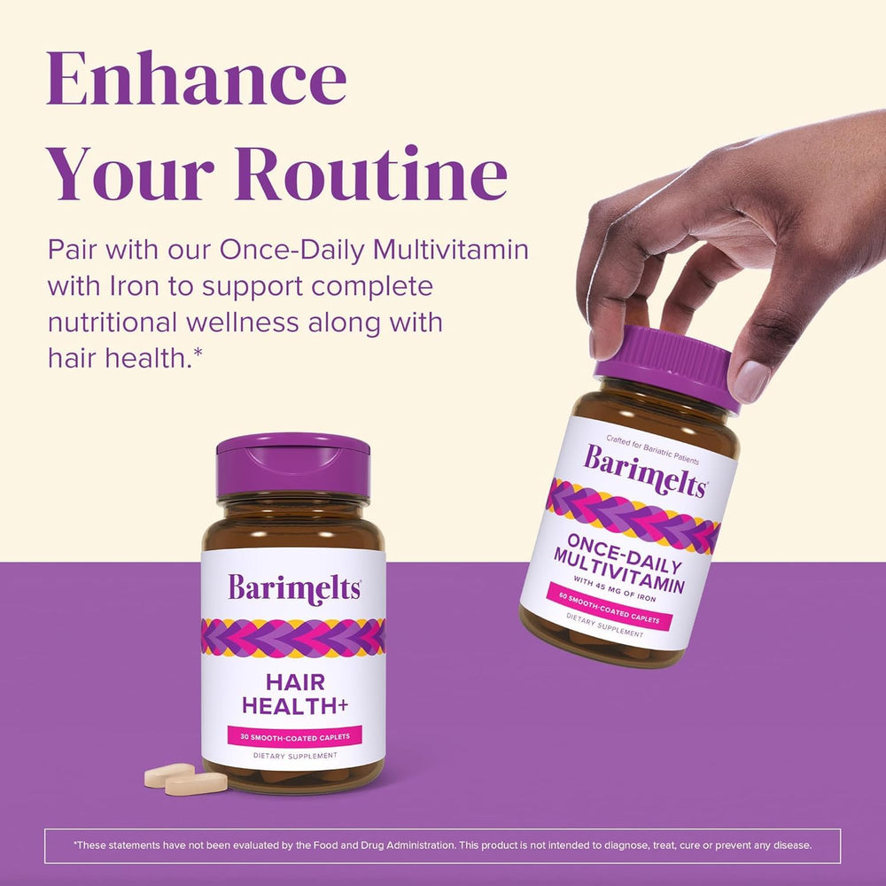 Barimelts Hair Health+ lifestyle scene suggests a simple daily routine for potential hair health support.
