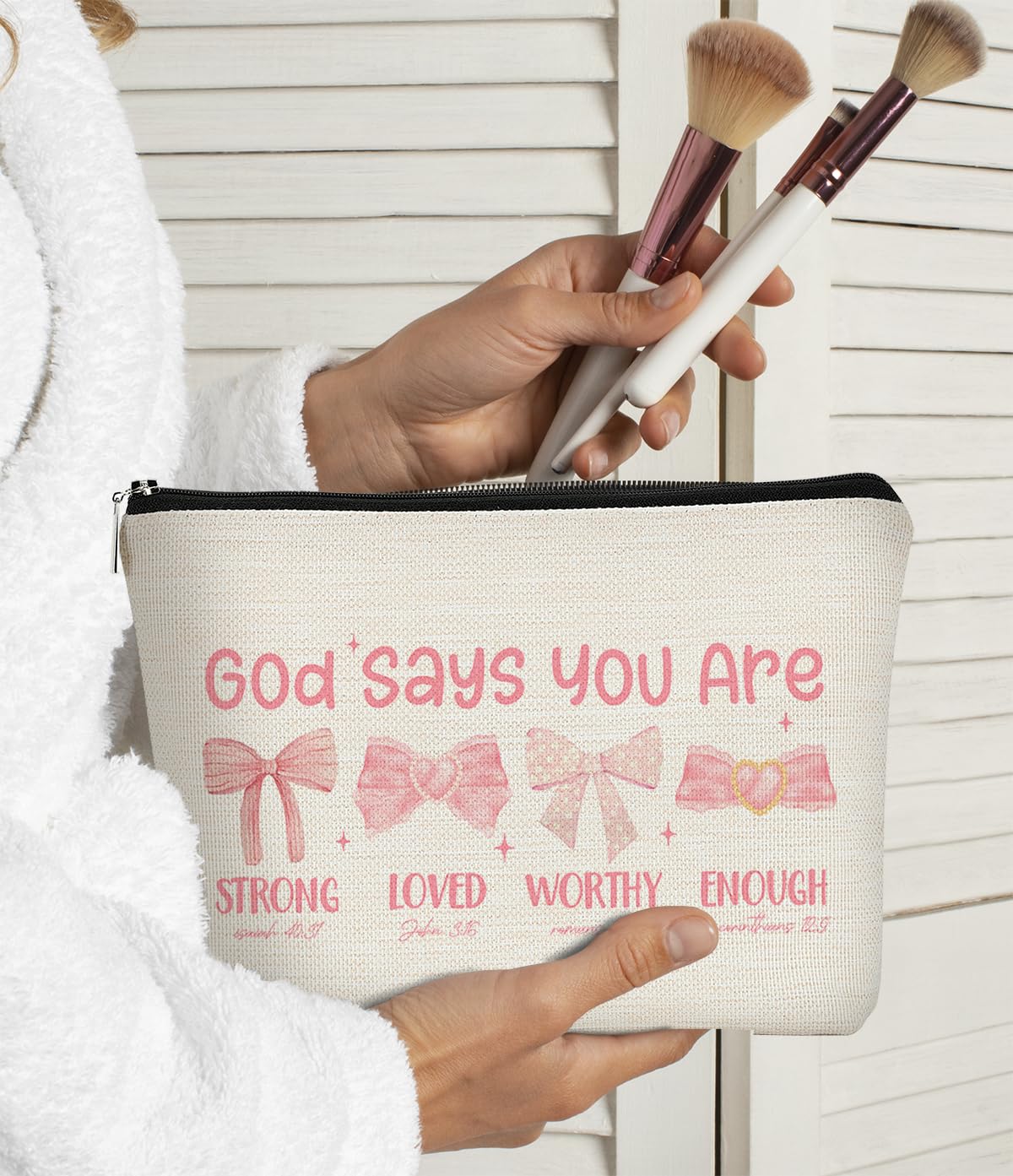 BARPERY pink linen cosmetic bag with print ideal for stylish travel organization.