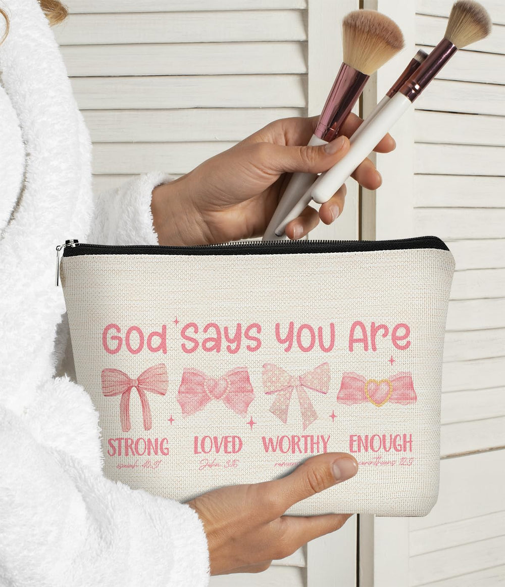 BARPERY pink linen cosmetic bag with print ideal for stylish travel organization.