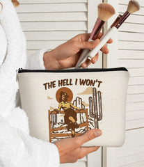 BARPERY Cowgirl makeup bag on the go, organized for travel storage use case.