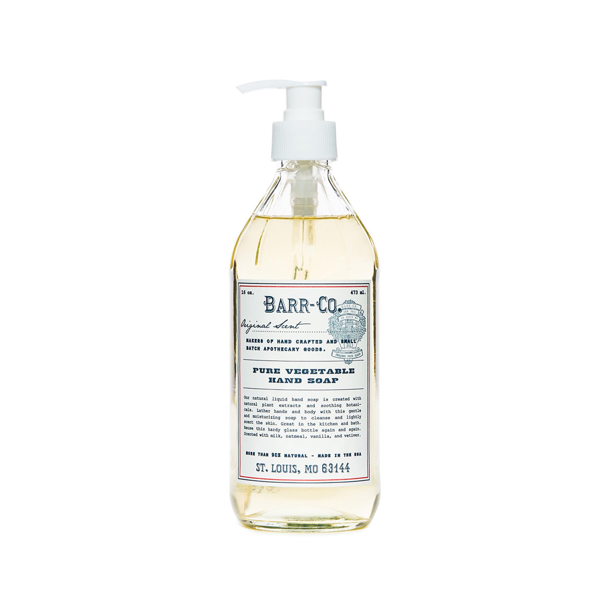 BARR-CO hand soap bottle shows oat-vanilla-vetiver moisturizing formula.