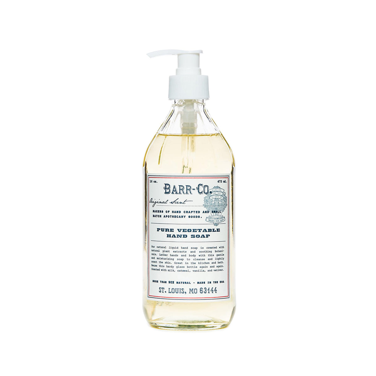 BARR-CO hand soap bottle shows oat-vanilla-vetiver moisturizing formula.