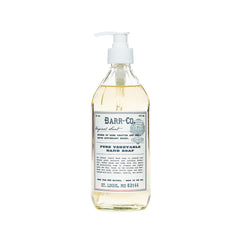 BARR-CO hand soap bottle shows oat-vanilla-vetiver moisturizing formula.