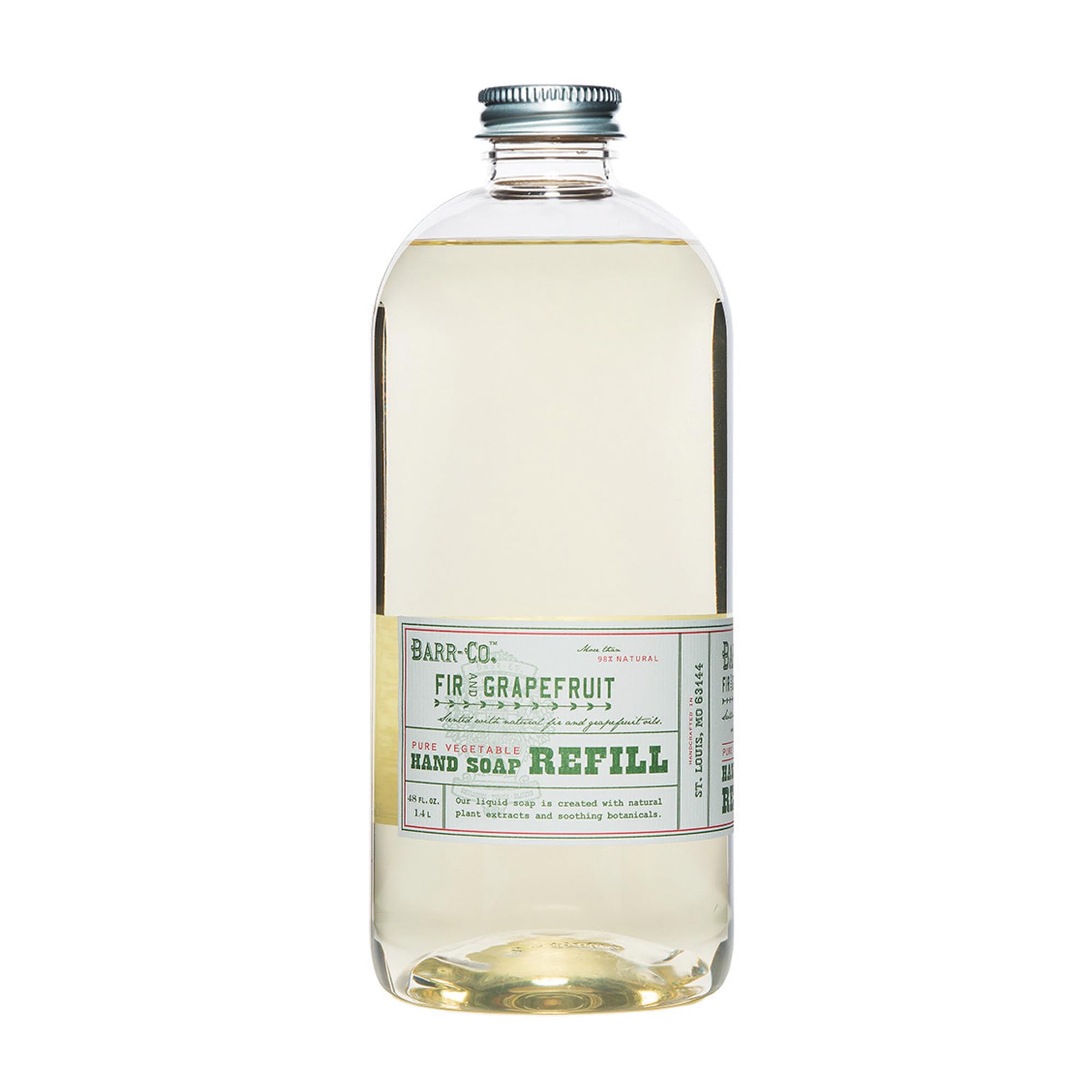 BARR-CO hand soap refill label closeup showing premium branding for easy kitchen and bath prep.