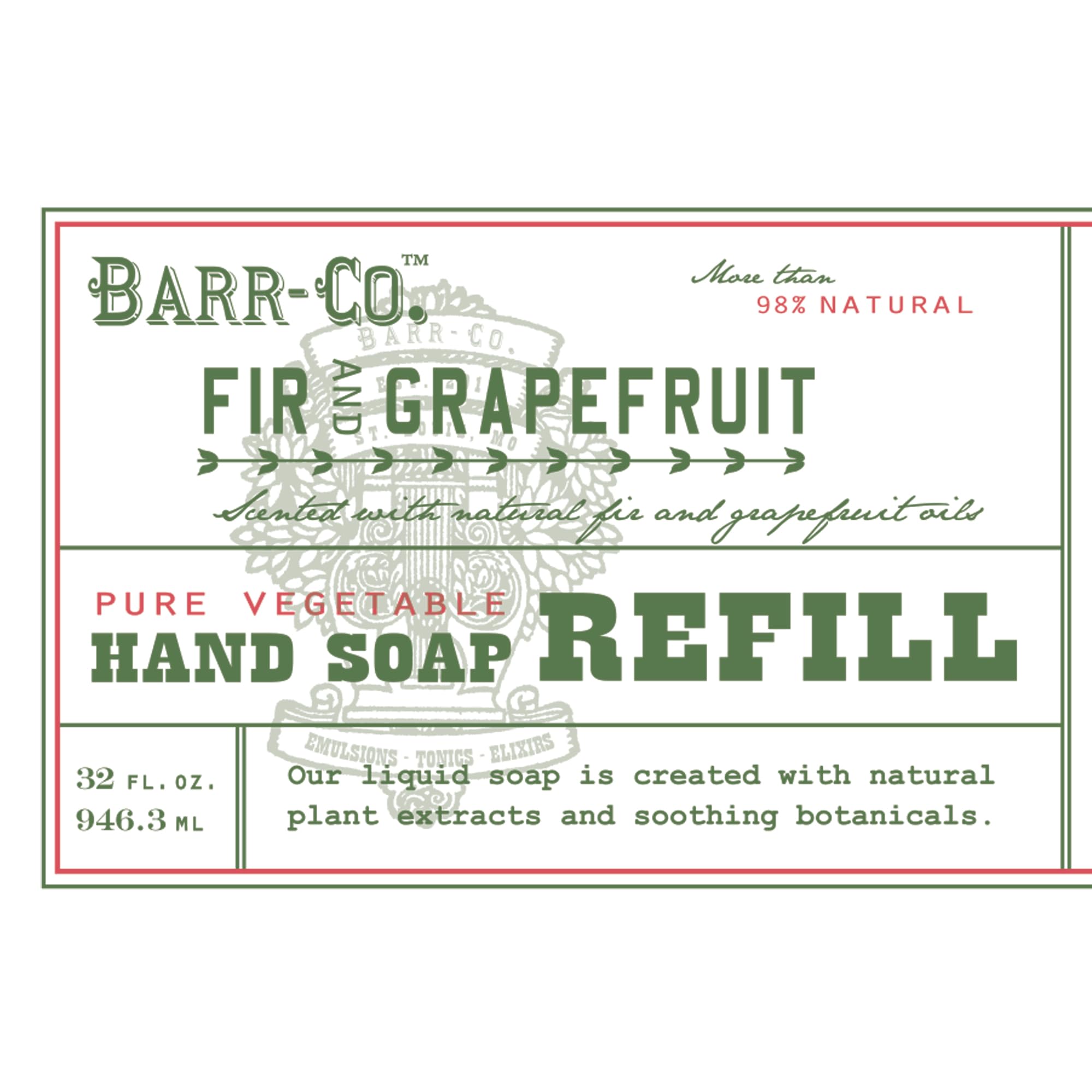 BARR-CO hand soap refill 32oz packaging emphasizes value and extended use.