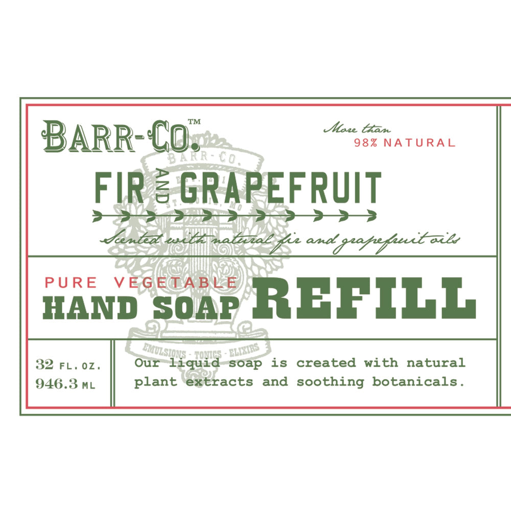 BARR-CO hand soap refill 32oz packaging emphasizes value and extended use.
