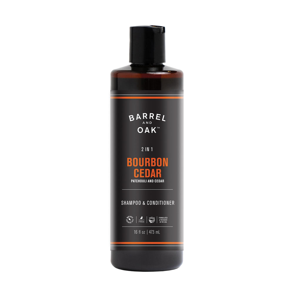 Barrel & Oak 2in1 shampoo bottle close-up for quick cleansing.