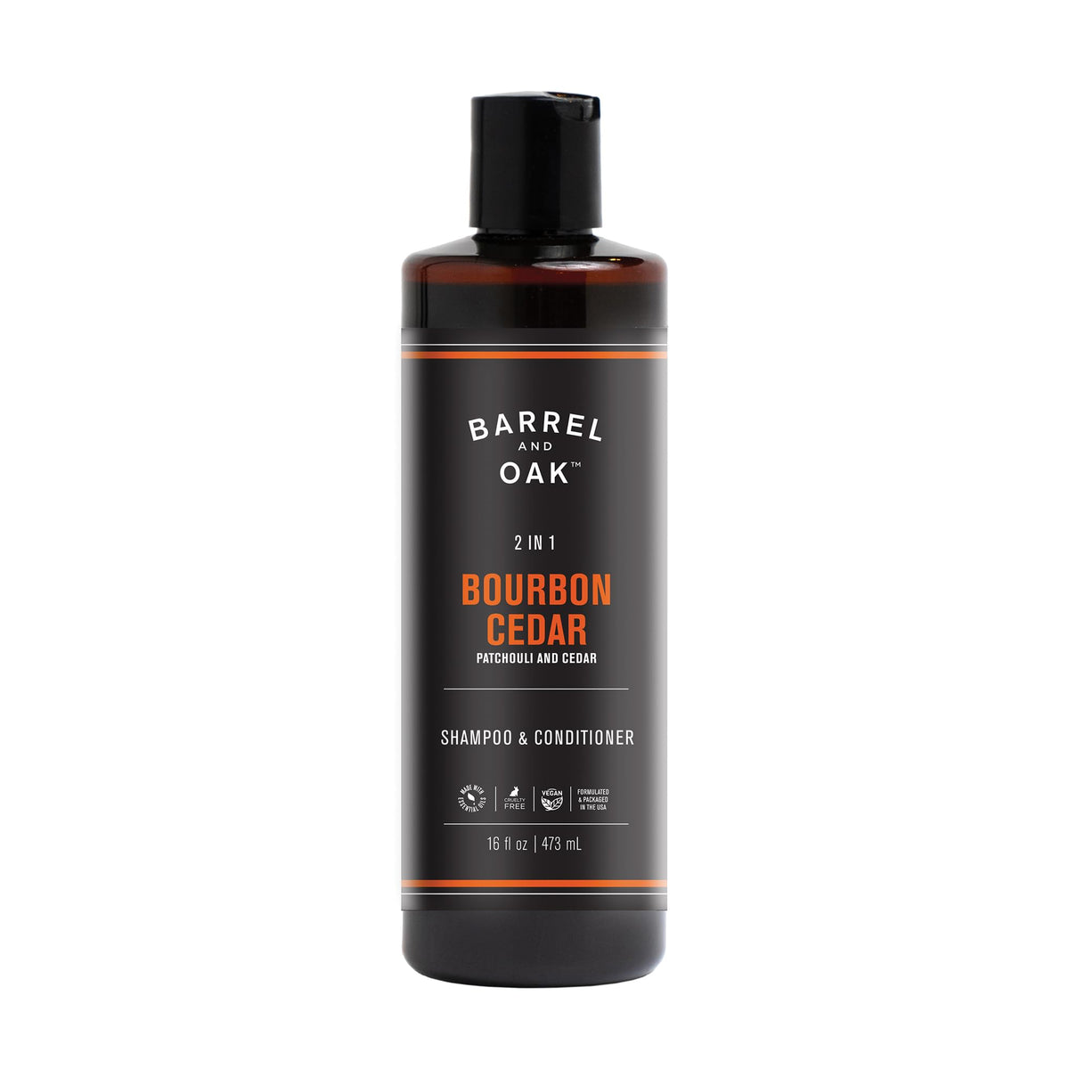Barrel & Oak 2in1 shampoo bottle close-up for quick cleansing.