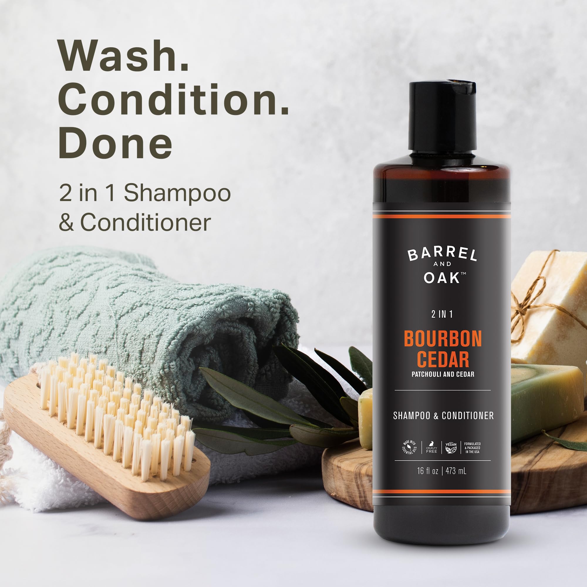 Barrel & Oak 2in1 shampoo and conditioner on shelf for daily routine.