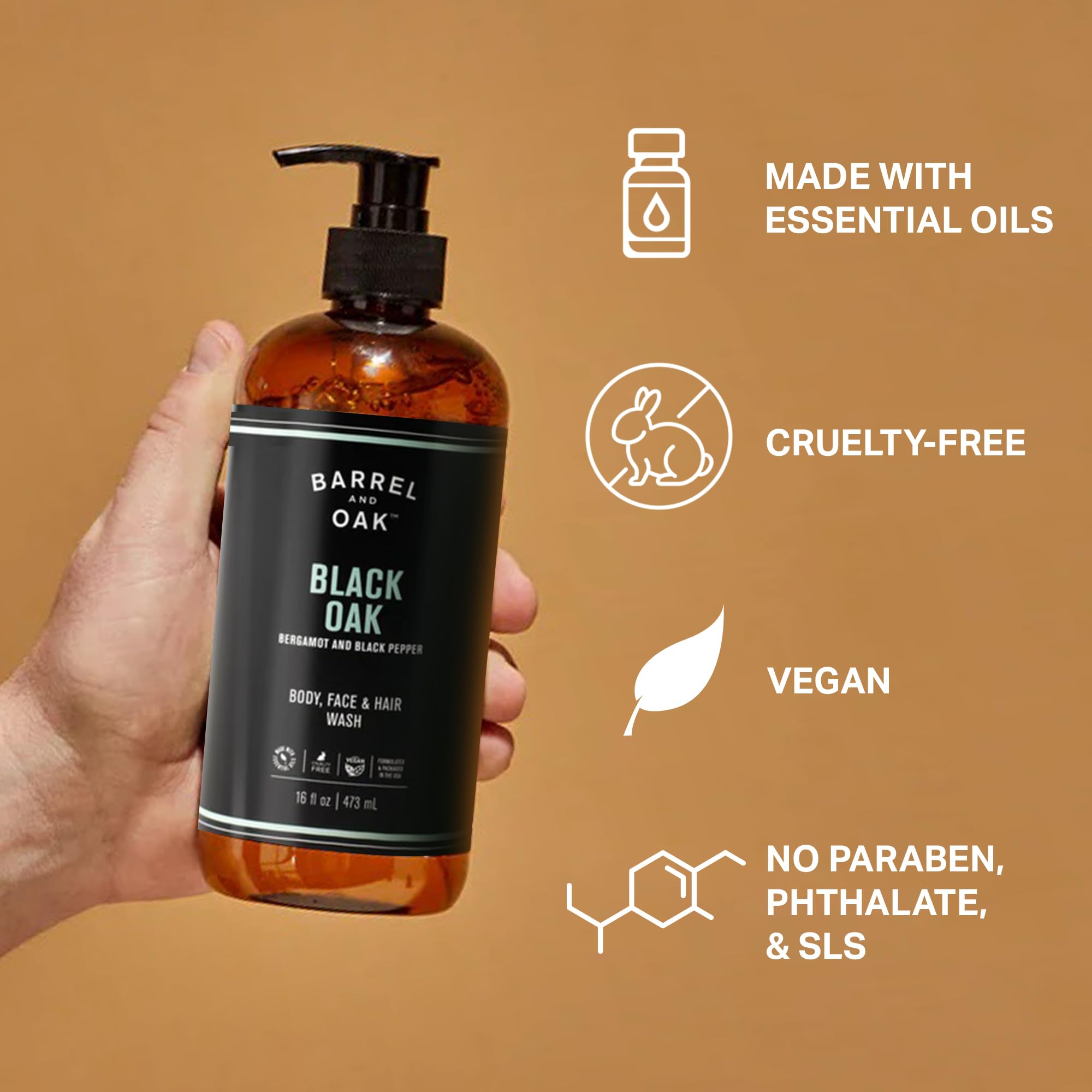 Barrel & Oak All-in-One Wash foam lather with bergamot and smoky vanilla scent.