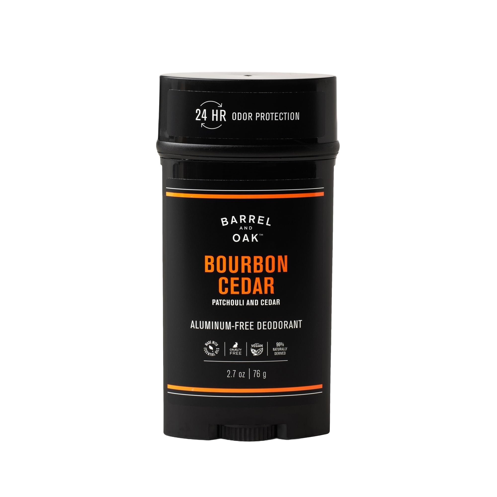 Barrel Oak bourbon-cedar stick demonstrates aluminum-free deodorant for lasting freshness.