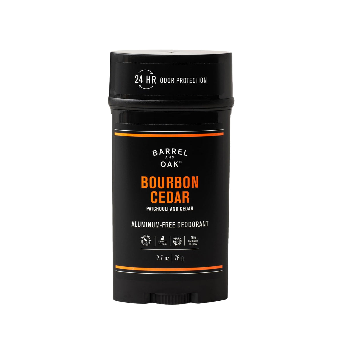 Barrel Oak bourbon-cedar stick demonstrates aluminum-free deodorant for lasting freshness.