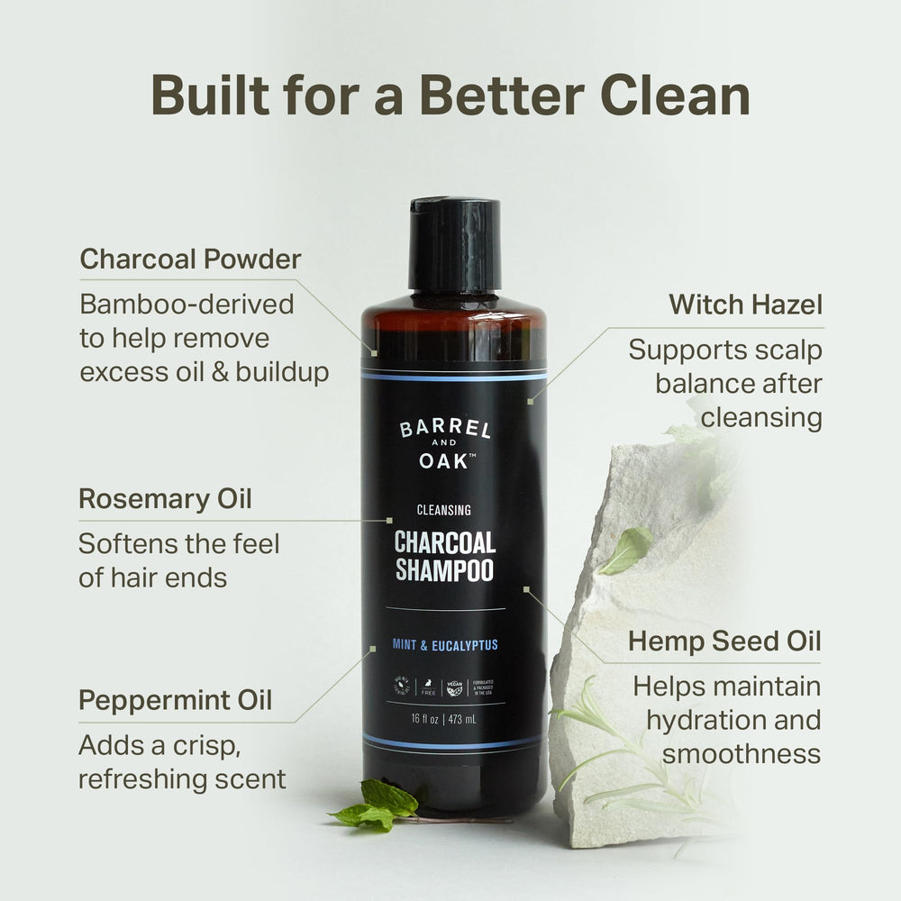 Closeup of bamboo charcoal in Barrel & Oak shampoo showing detoxifying cleanse
