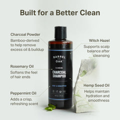Closeup of bamboo charcoal in Barrel & Oak shampoo showing detoxifying cleanse
