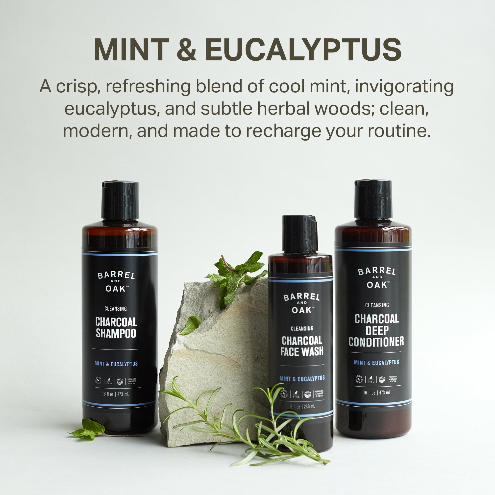 Packaging image of Barrel & Oak mint eucalyptus charcoal shampoo, USA-made vegan formula