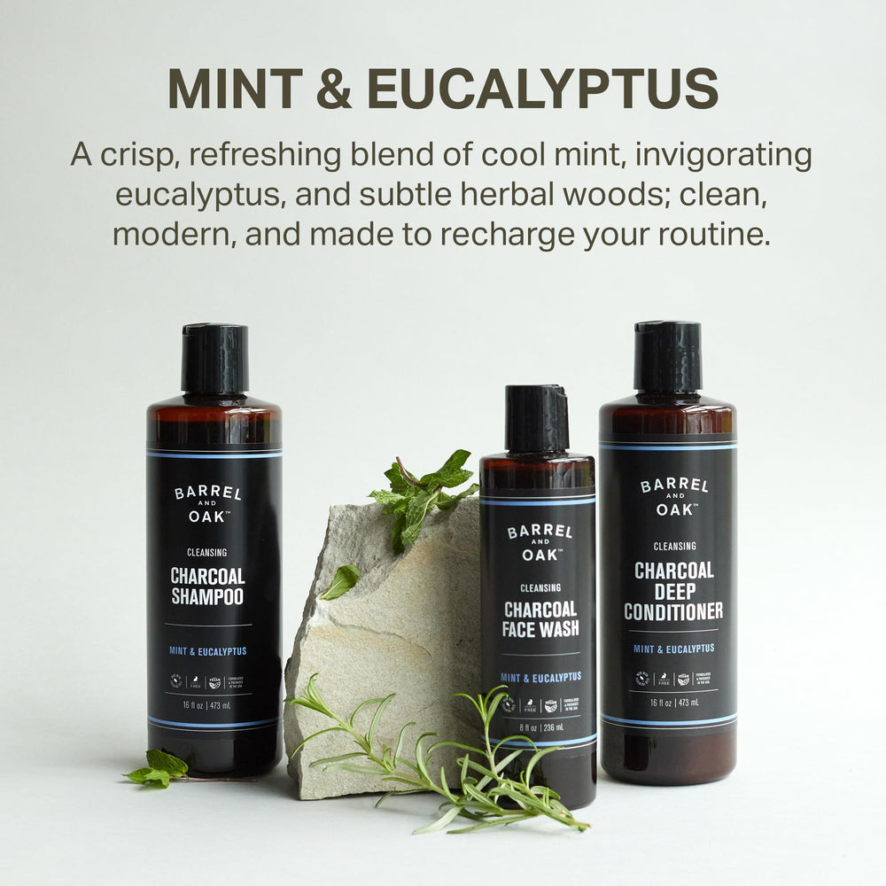 Packaging image of Barrel & Oak mint eucalyptus charcoal shampoo, USA-made vegan formula