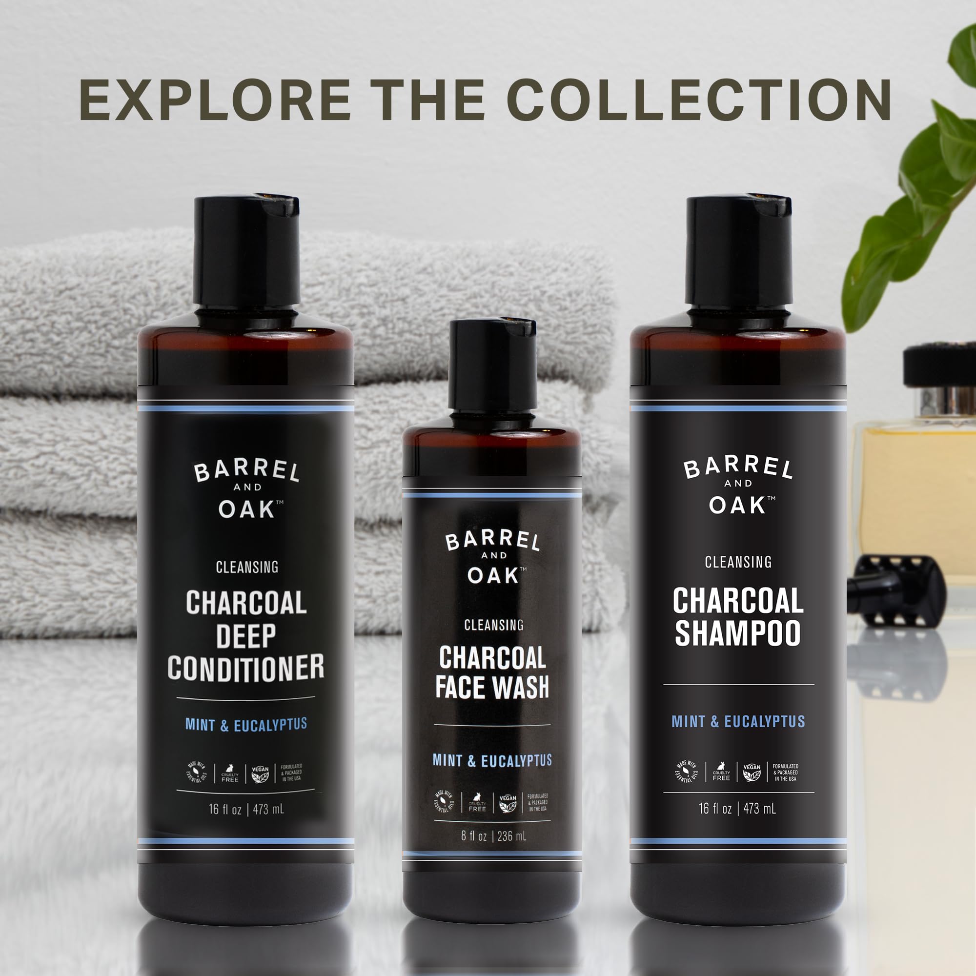 Morning grooming scene with Barrel & Oak mint eucalyptus charcoal shampoo