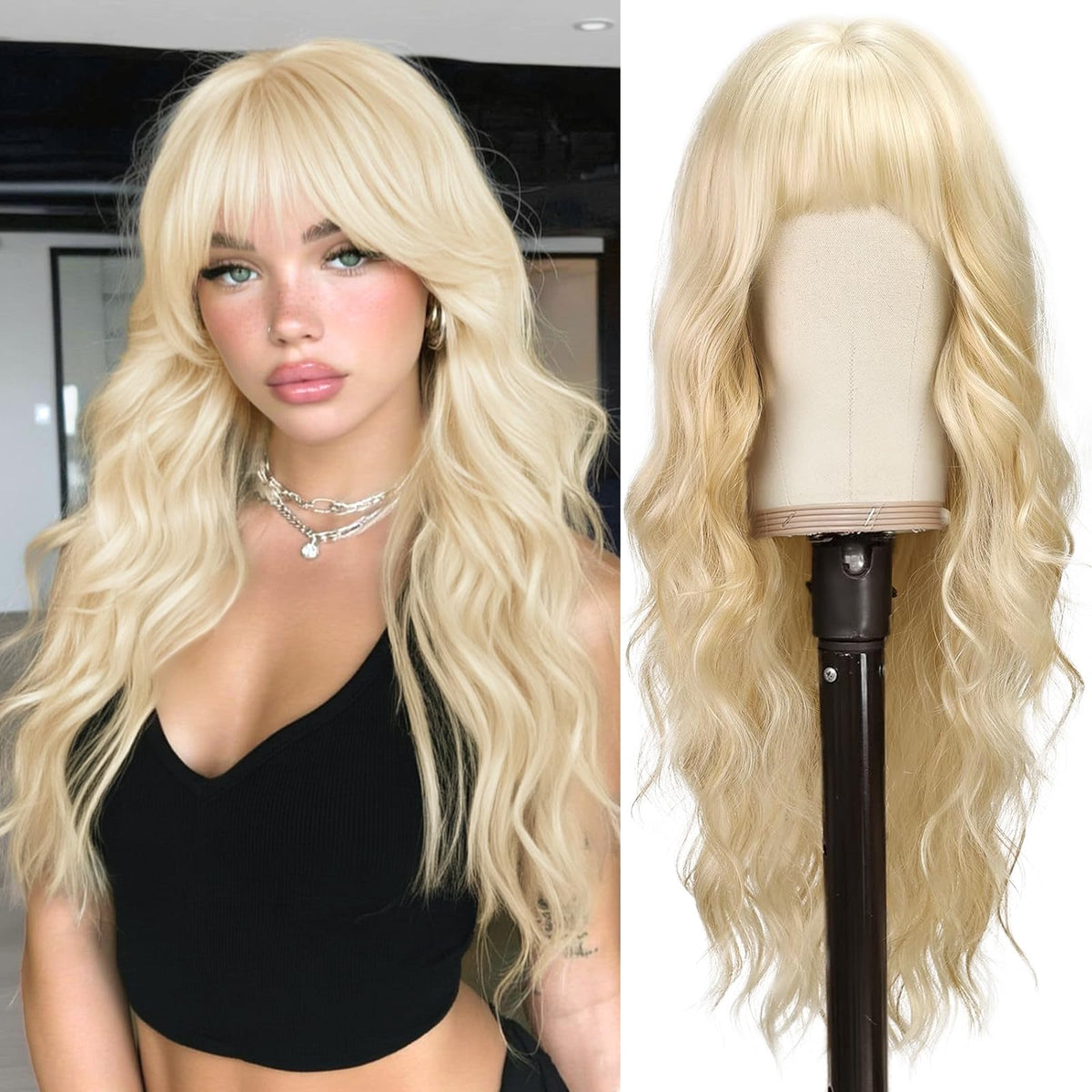 BARSDAR long wavy blonde wig with bangs demonstrates easy daily styling and natural movement.