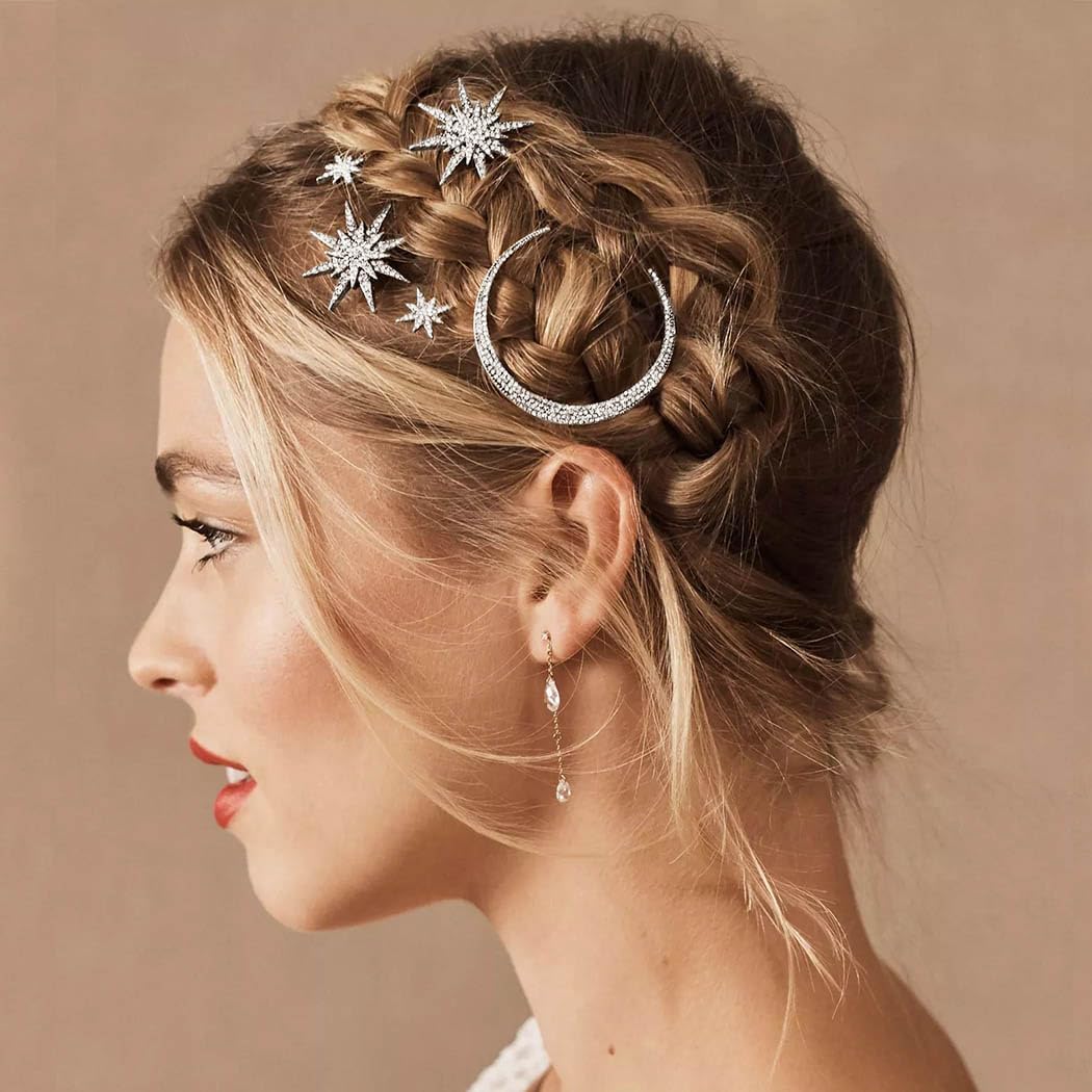 BARTOSI rhinestone moon clip closeup shows crystal sparkle for elegant hairstyles.