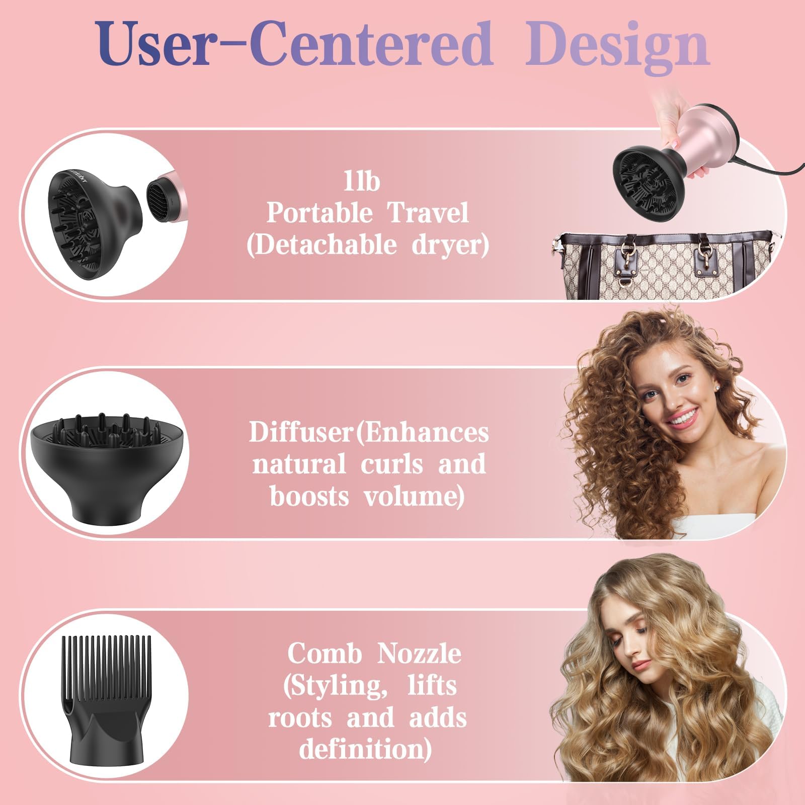 Bartrimber diffuser with wide-tooth comb attachment detangles and lifts roots.
