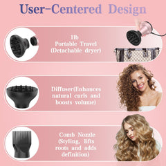 Bartrimber diffuser with wide-tooth comb attachment detangles and lifts roots.