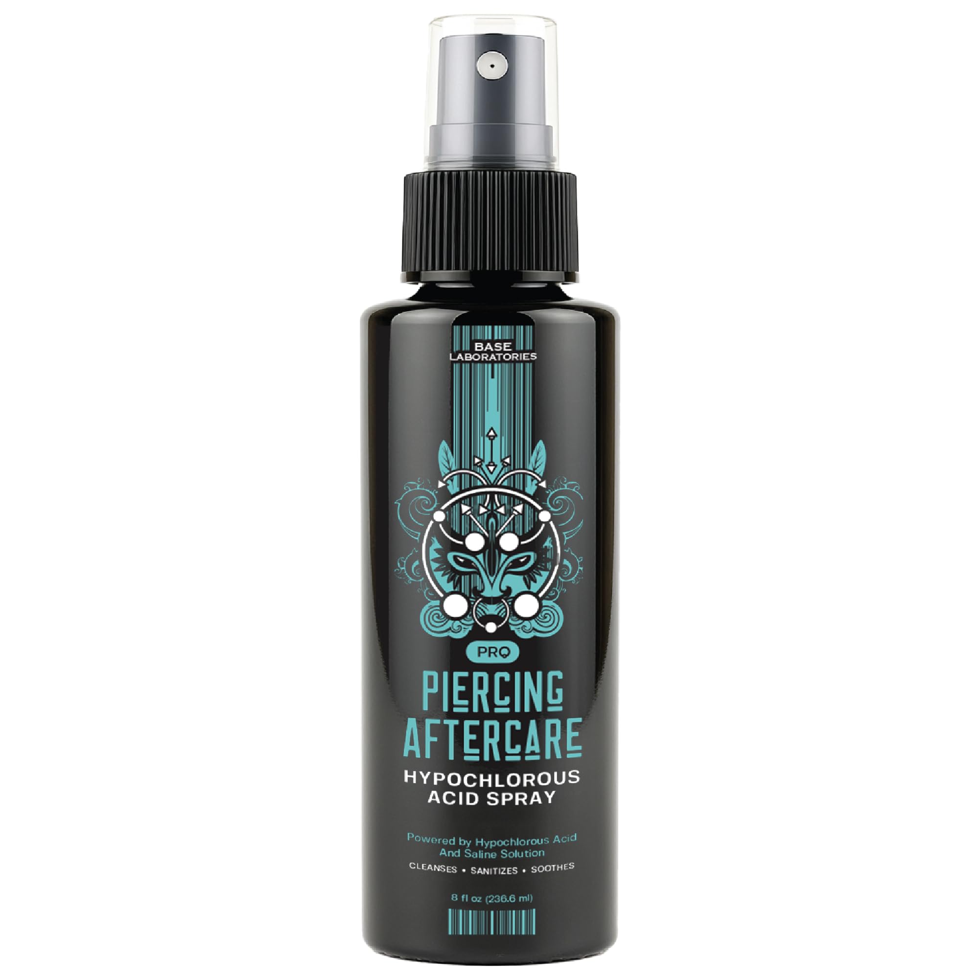 Base Laboratories HOCl spray 8oz bottle pour demonstrates easy application for piercings.