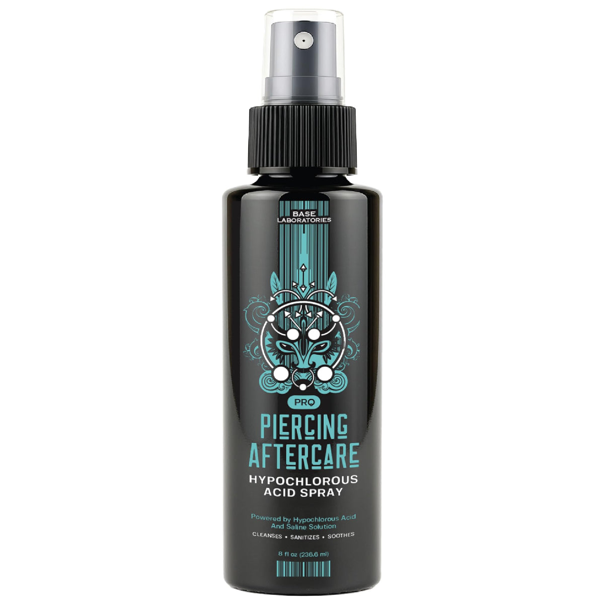 Base Laboratories HOCl spray 8oz bottle pour demonstrates easy application for piercings.