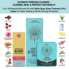 BASE LABORATORIES piercing spray bottle shows refreshing saline-based aftercare for cleansing.