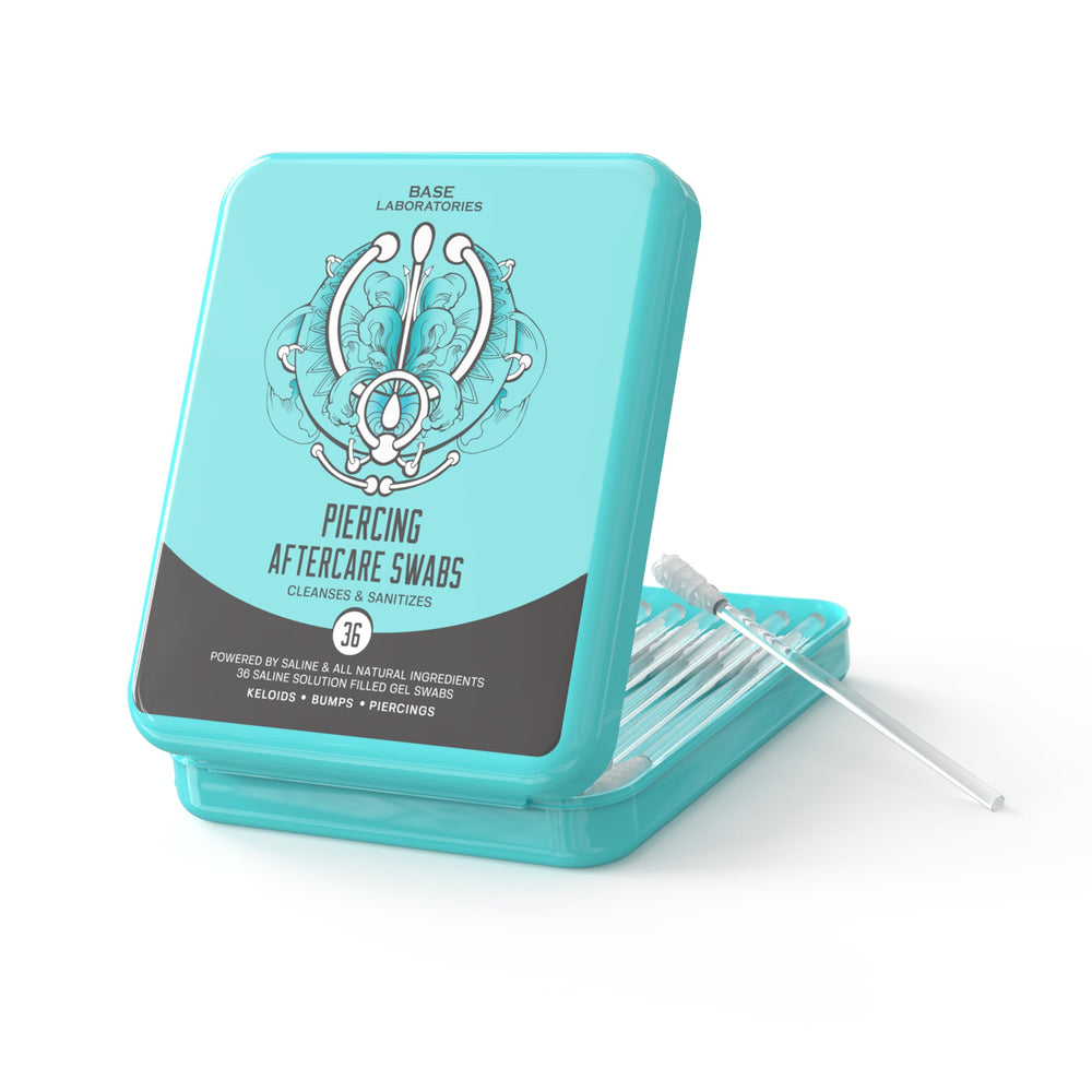 BASE LABORATORIES saline solution for piercings for cleansing and sanitizing.