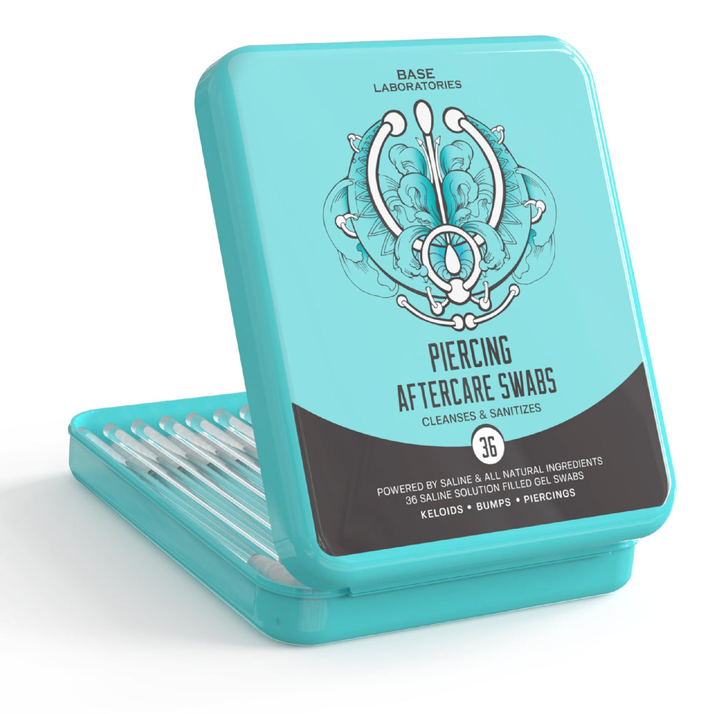 Base Labs piercing saline swabs packaging promotes portable, on-the-go aftercare for clean healing