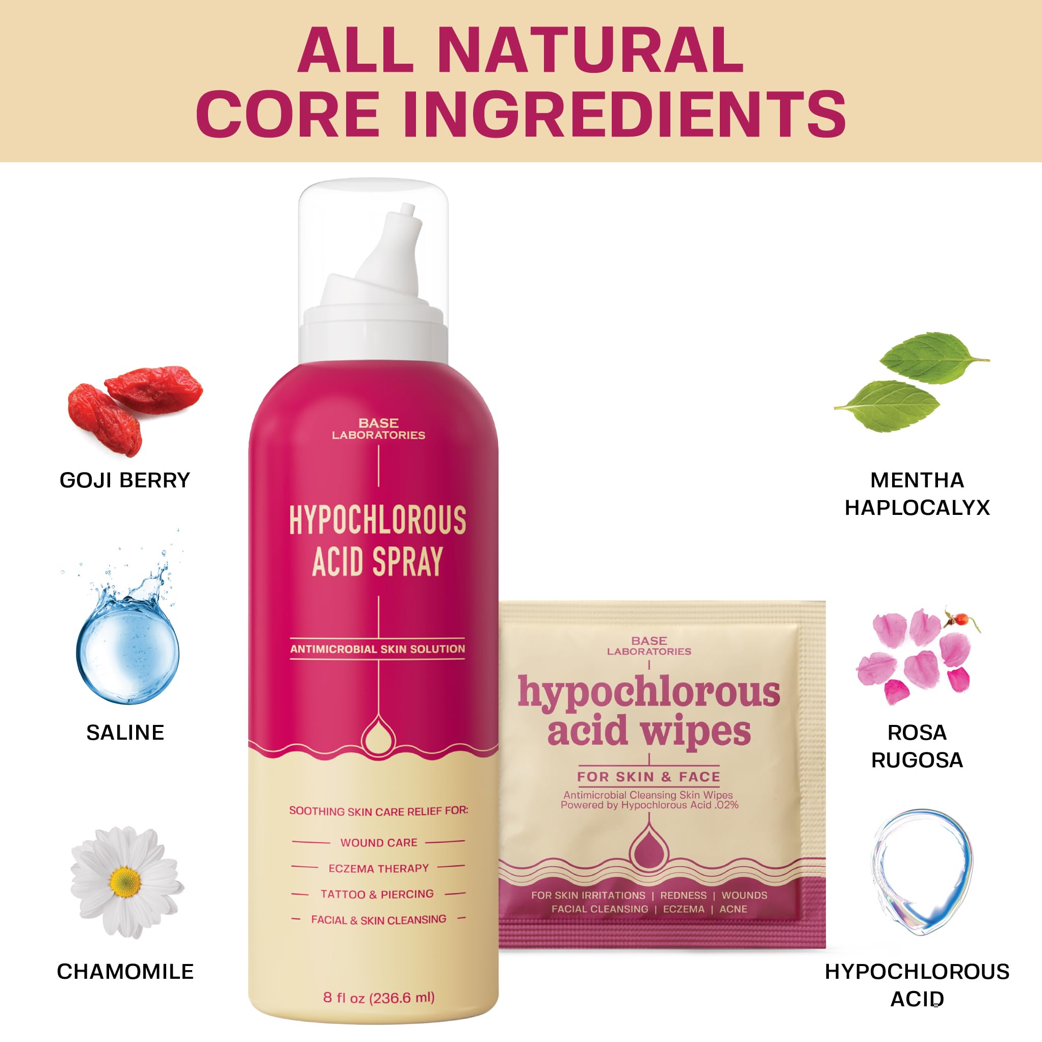 BASE LABORATORIES hypochlorous spray 8oz for everyday skin cleansing and gentle care