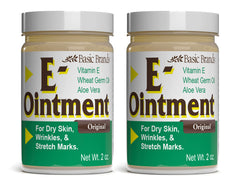 Basic Organics Vitamin E Ointment bottle highlights daily moisture for dry skin.