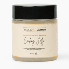 Bask & Lather Aloequench Coiling Jelly bottle closeup showing hydrating formula for shiny curls