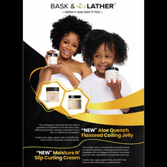 Bask & Lather Aloequench Coiling Jelly hair application demonstrates curl definition and frizz control