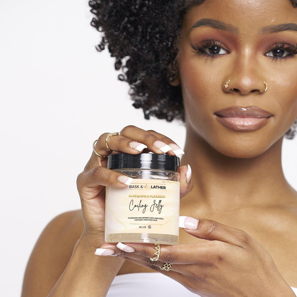 Bask & Lather Aloequench Flaxseed Oil visual highlights nourishing scalp support and natural shine