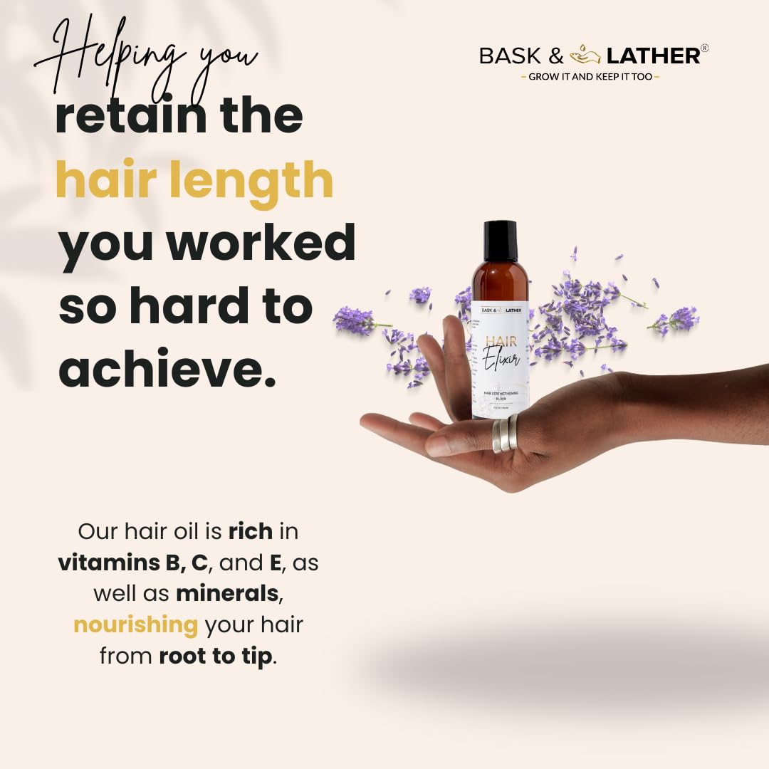 BASK & LATHER Elixir oil on damp hair showing moisture retention and frizz control.