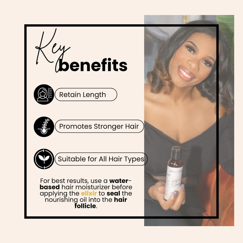 BASK & LATHER Elixir oil ingredients list highlighting vitamin-rich blend for healthy scalp support.