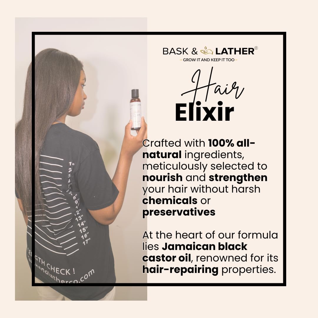BASK & LATHER Elixir oil being poured to illustrate scalp nourishment and easy application.