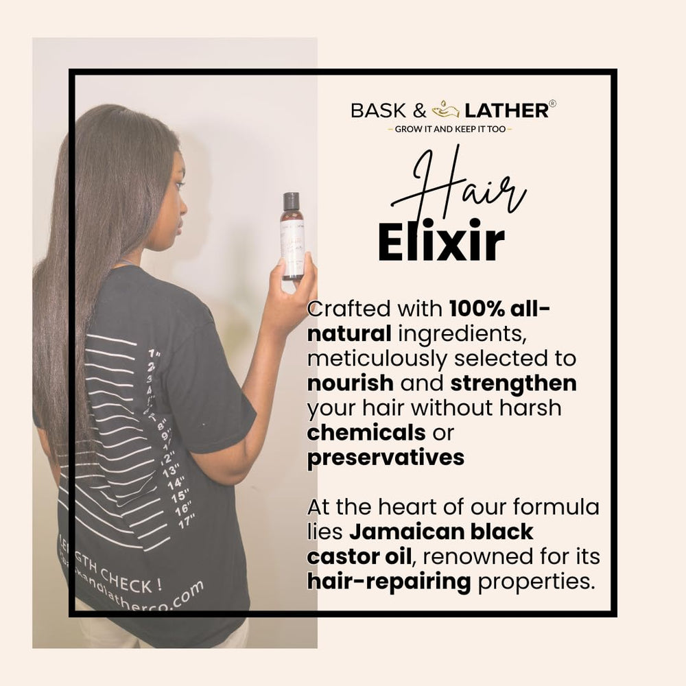 BASK & LATHER Elixir oil being poured to illustrate scalp nourishment and easy application.