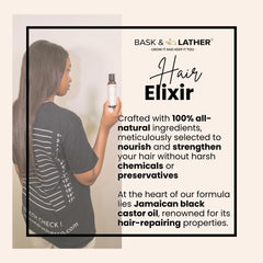 BASK & LATHER Elixir oil being poured to illustrate scalp nourishment and easy application.