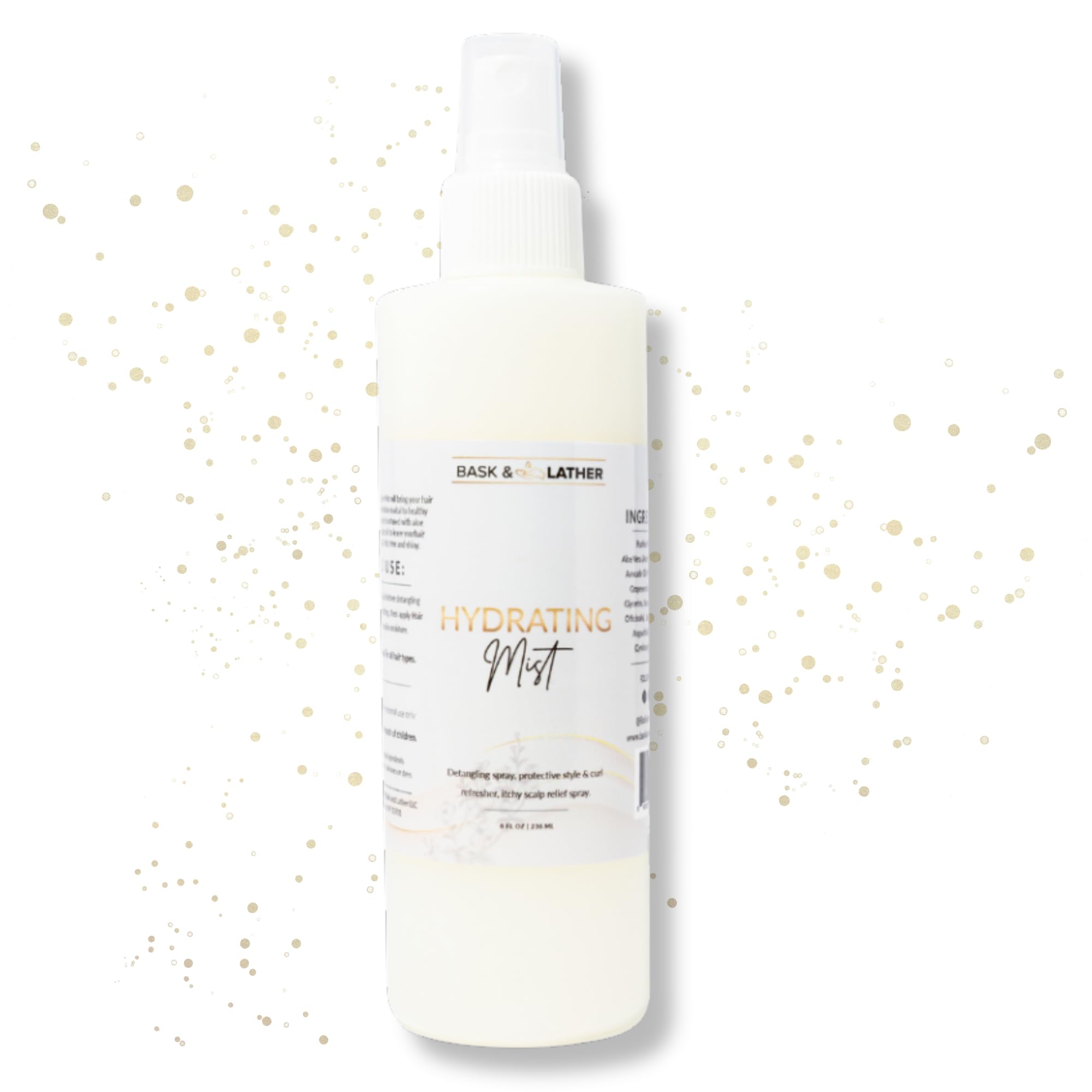 BASK & LATHER hydrating hair mist bottle for easy detangling and hydration.