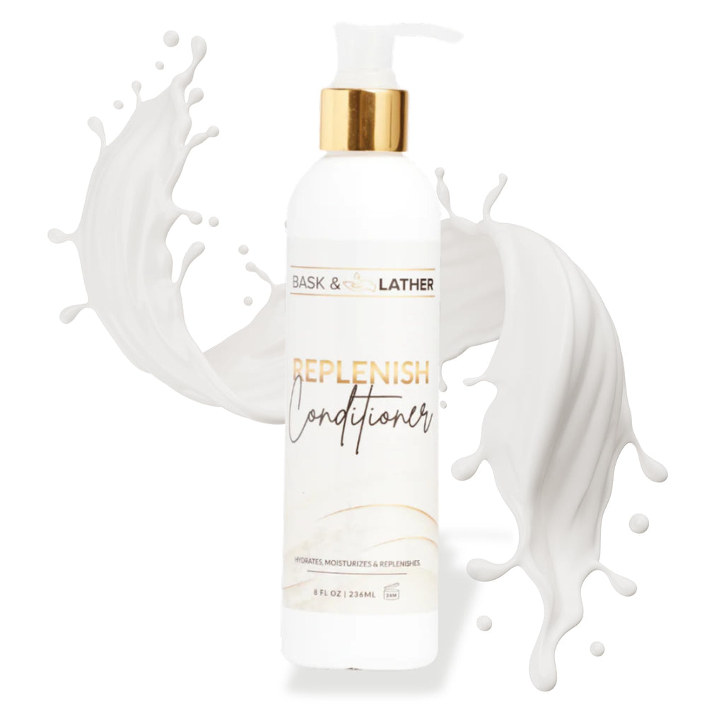BASK & LATHER Replenish bottle closeup showing rich hydration for every strand