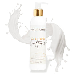 BASK & LATHER Replenish bottle closeup showing rich hydration for every strand